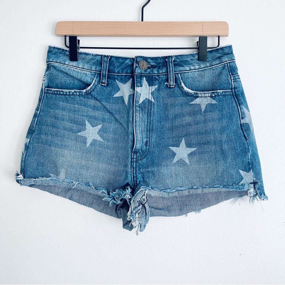 Show Me Your Mumu Arizona High Waisted Jean Shorts Stellar Star Wash Size 28